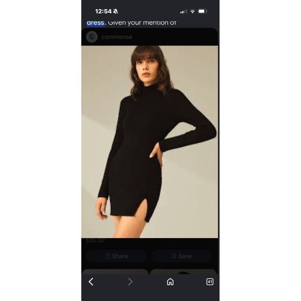 Commense Black Ribbed Long Sleeve Mock Neck Mini Dress Side Slit Medium